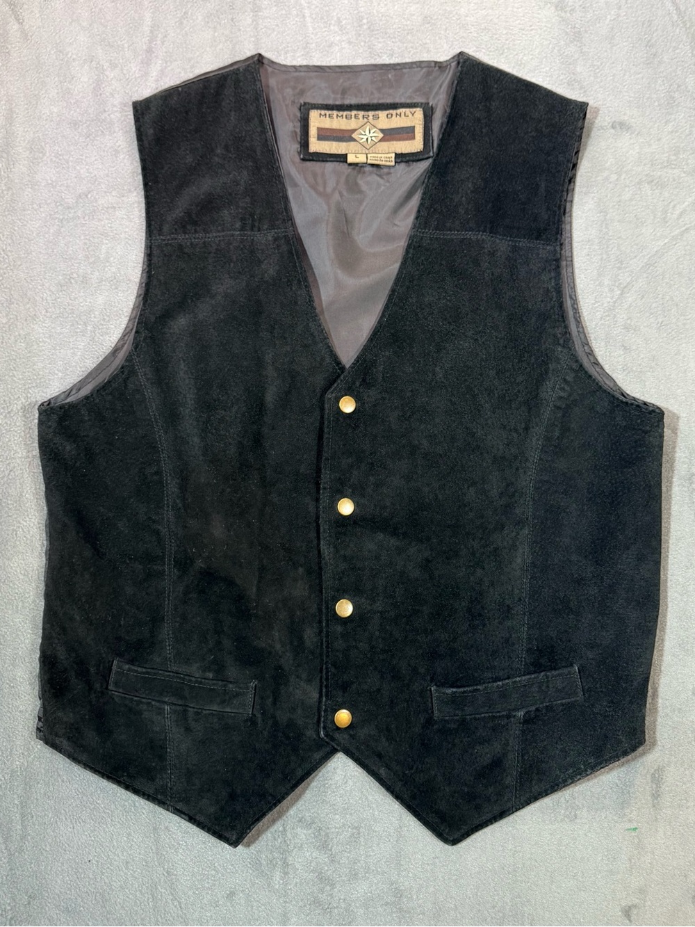 Members Only Black Suede Vest with Brass Buttons